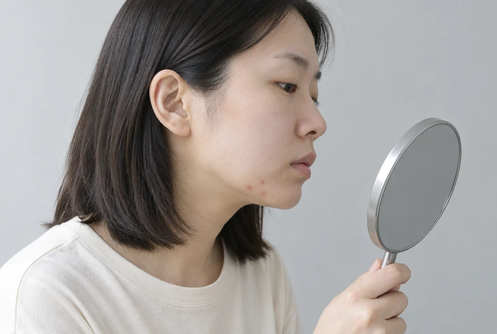 옅은 회색 배경에서 30대 여성이 손거울로 턱선 아래 작은 트러블을 살피는 옆모습