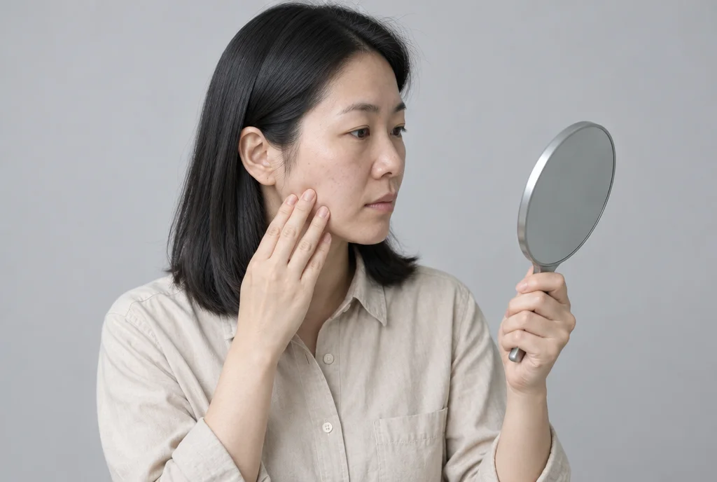 옅은 회색 배경에서 손거울을 비스듬히 들고 볼 옆면을 살피는 30대 여성