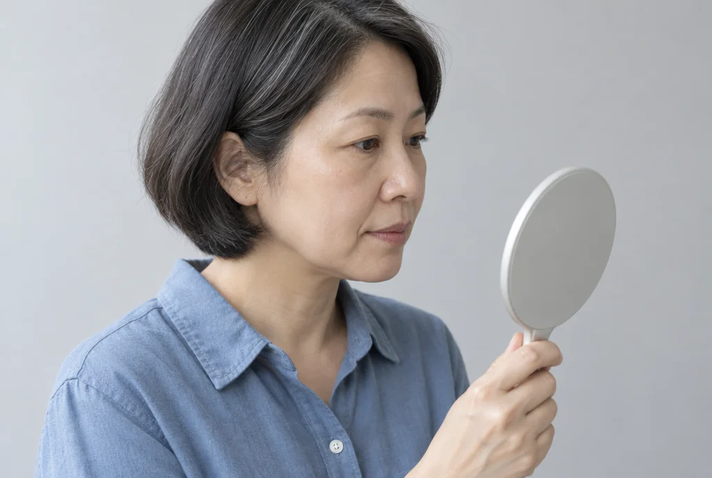 옅은 회색 배경에서 손거울로 입가와 코 옆을 비춰 보는 40대 여성의 옆모습