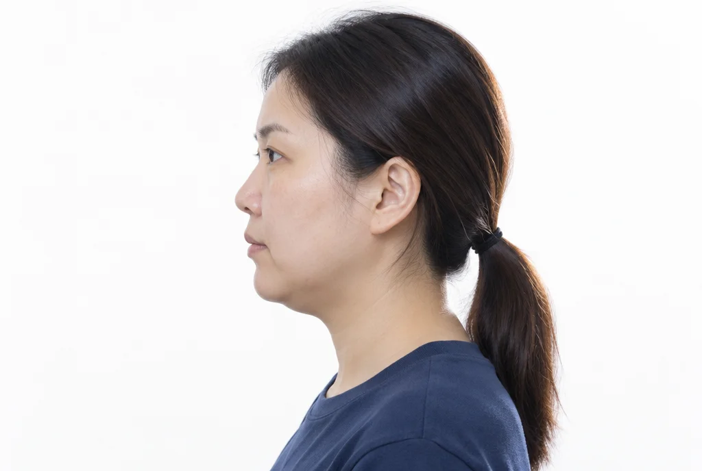 흰 배경에서 30대 여성의 턱선과 턱 밑 윤곽이 보이는 옆모습