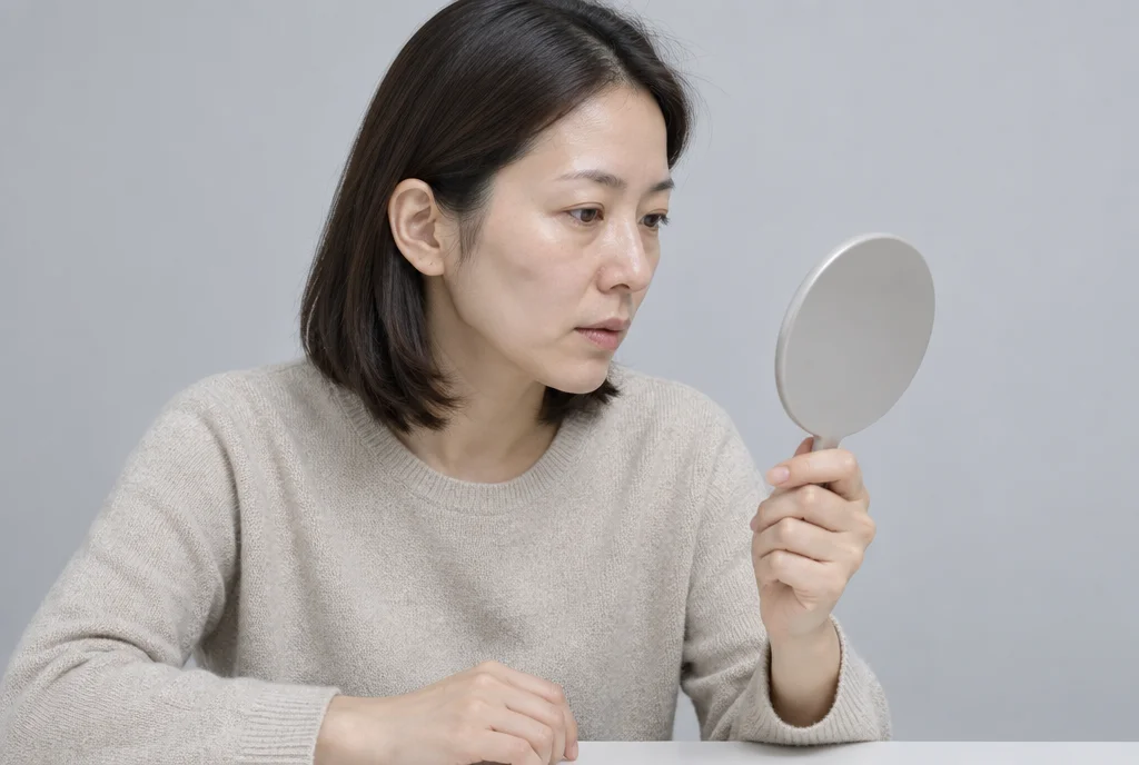 옅은 회색 배경에서 여성이 손거울로 광대 아래 꺼진 볼을 살펴보는 모습