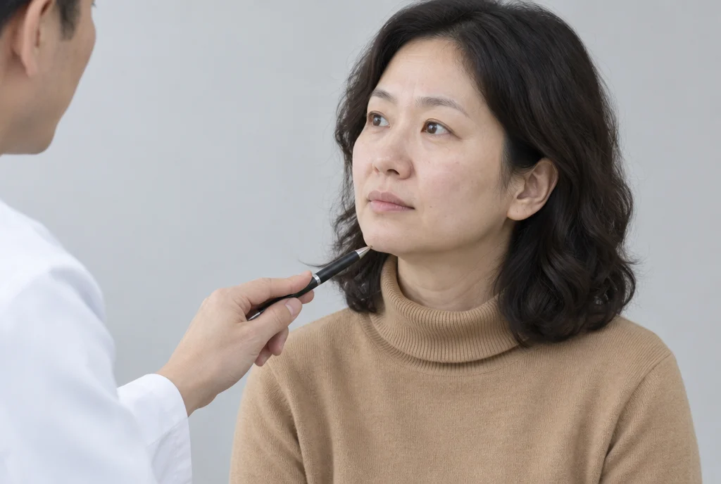 옅은 회색 배경에서 흰 가운의 의료진이 펜 끝으로 40대 여성의 턱 아래 부위를 가리키며 설명하는 모습