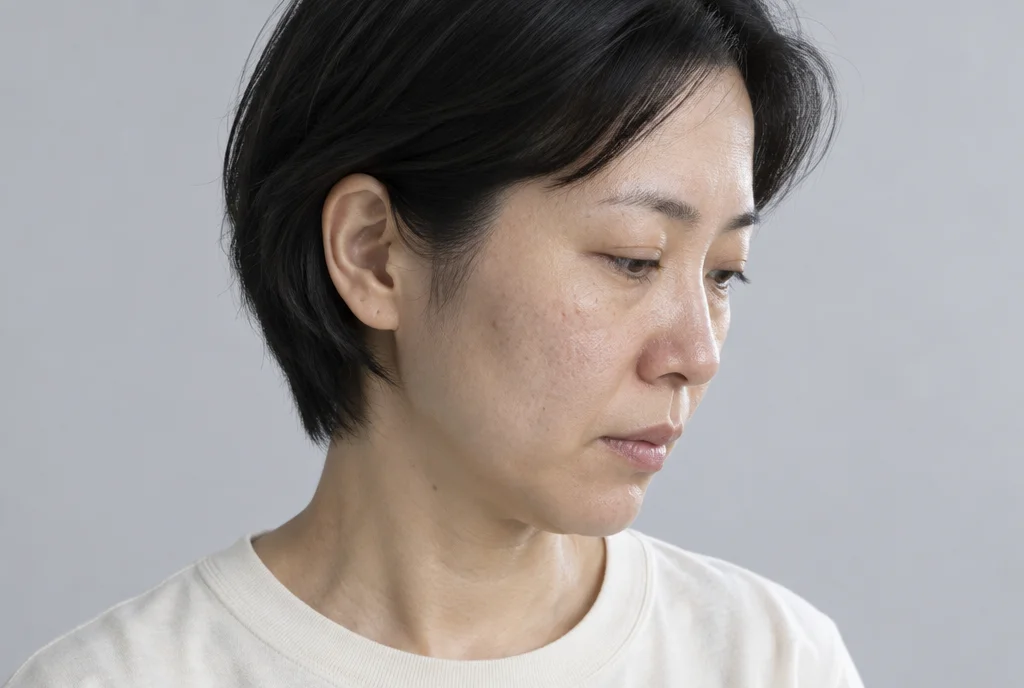 측광 아래 볼 모공이 보이는 40대 여성의 3/4 측면 클로즈업