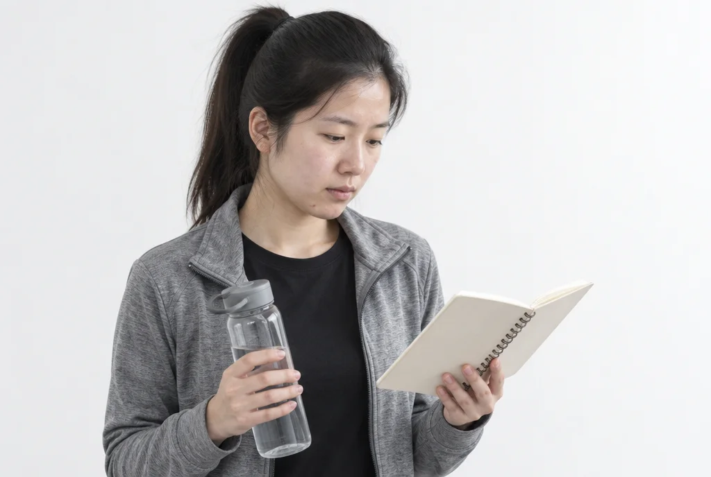 흰 배경에서 운동복 차림의 20대 여성이 물병을 들고 식단 노트를 내려다보는 반신 모습
