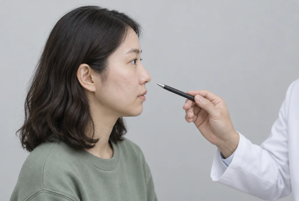 옅은 회색 배경에서 흰 가운 의료진이 닫힌 펜 끝으로 30대 여성의 볼 흉터 위치를 가리키며 설명하는 모습, 여성은 옆모습