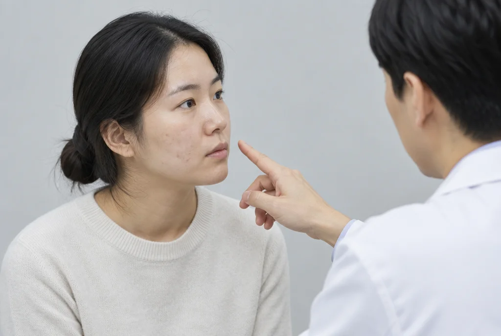 옅은 회색 배경에서 의료진이 볼의 흉터를 설명하며 상담하는 모습
