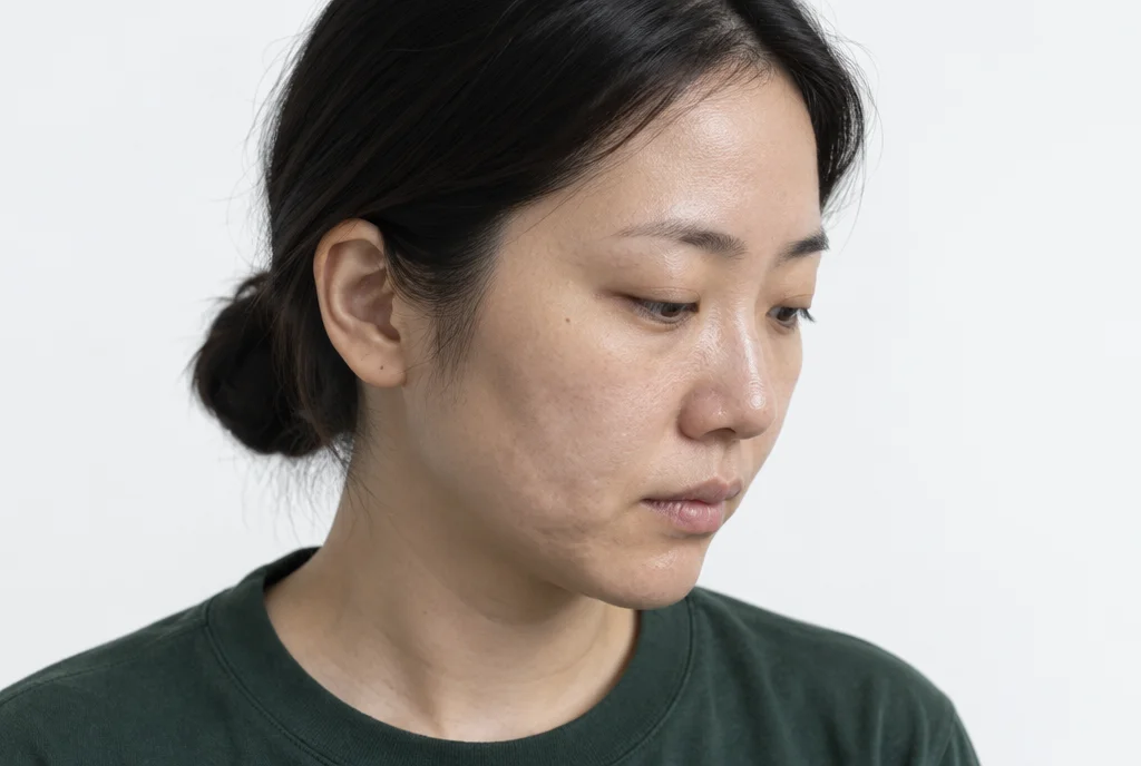 측광 아래 볼 아래쪽 피부결이 보이는 30대 여성의 3/4 측면 클로즈업, 시선은 아래