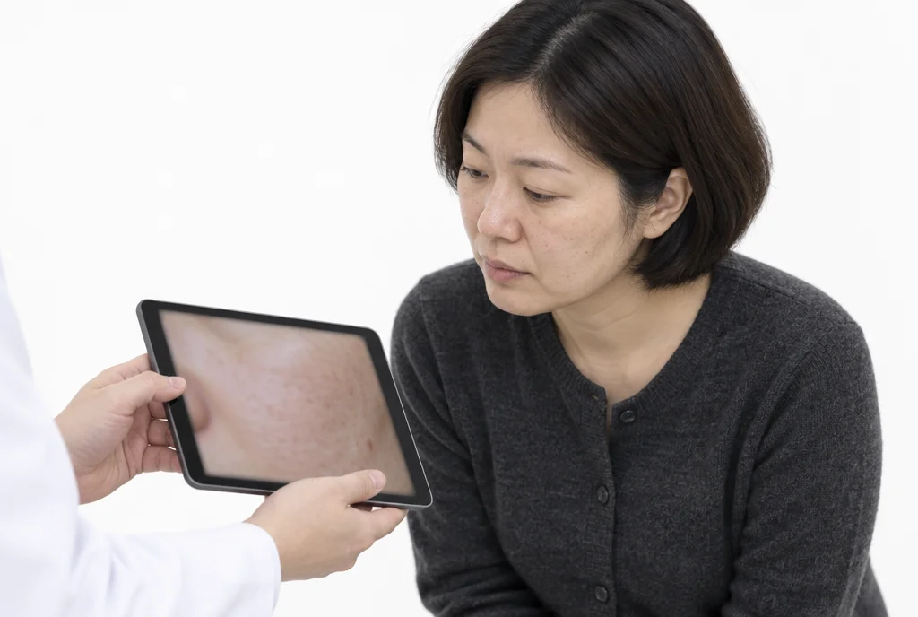 흰 배경에서 의료진이 든 태블릿의 피부결 사진을 40대 여성이 함께 들여다보는 상담 모습