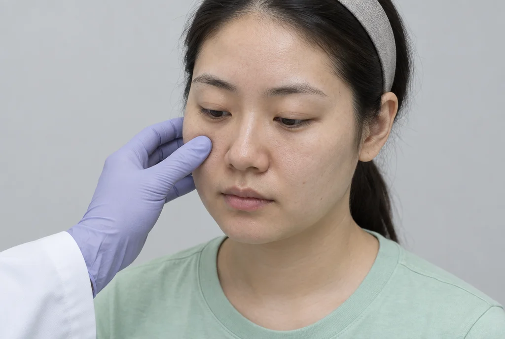 옅은 회색 배경에서 장갑을 낀 의료진의 손이 20대 여성의 코 옆 볼 피부결을 가볍게 확인하는 모습