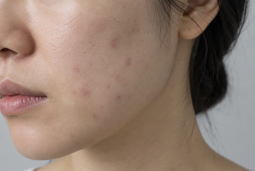 옅은 회색 배경에서 20대 여성의 턱과 볼 아래에 옅은 붉은 여드름 자국이 보이는 피부결 근접 모습