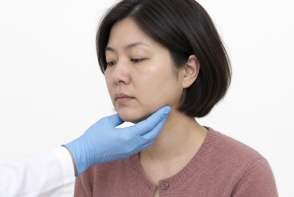 흰 배경에서 장갑을 낀 의료진의 손이 여성의 턱선 피부결을 가볍게 확인하고, 여성은 시선을 아래로 둔 모습