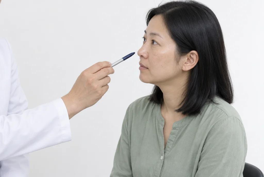흰 배경에서 흰 가운을 입은 의료진이 펜 끝으로 여성의 광대 부위를 가리키며 색소 깊이를 설명하고, 여성은 옆모습으로 귀 기울이는 모습