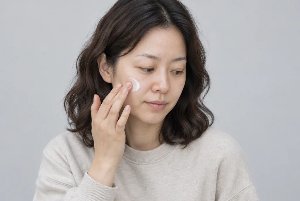 옅은 회색 스튜디오에서 30대 여성이 볼에 진정 크림을 손끝으로 가볍게 펴 바르는 반신 장면