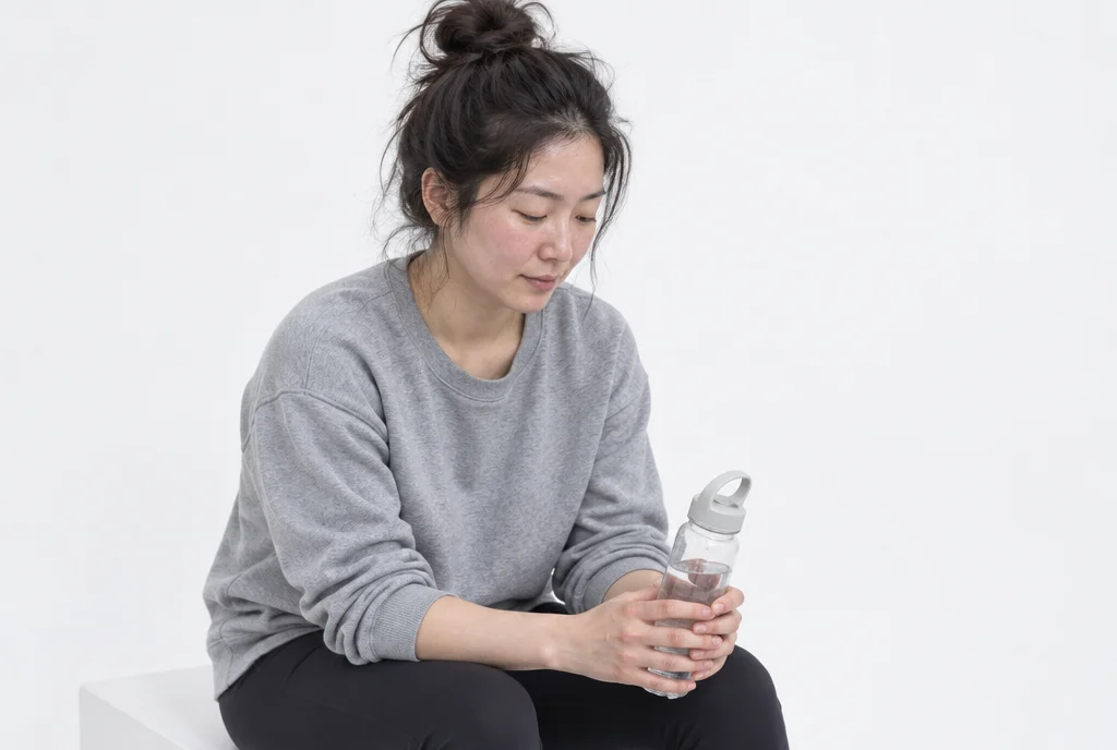 흰 스튜디오에서 운동 후 물병을 들고 쉬는 30대 여성의 반신