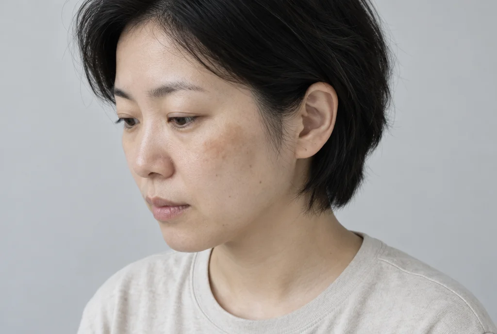옅은 회색 배경에서 광대 위 옅은 갈색 기미가 보이는 30대 여성의 3/4 측면 클로즈업, 시선은 아래