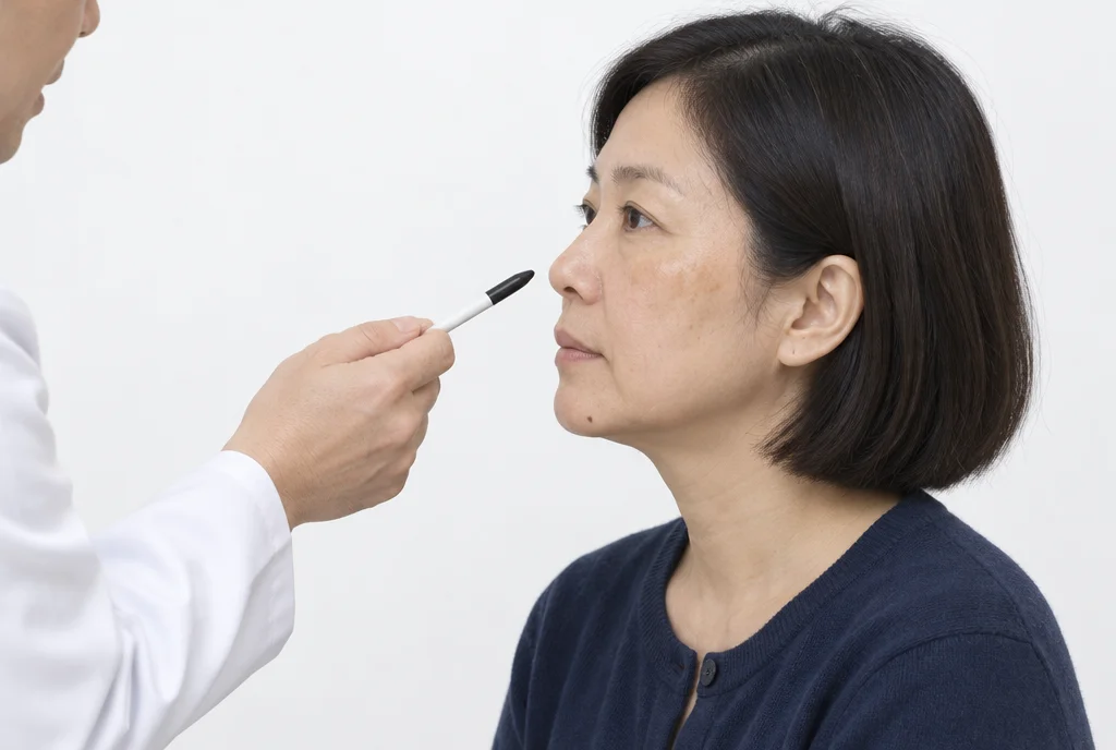 흰 가운 의료진이 펜 끝으로 광대 부위를 가리키며 설명하고, 40대 여성은 옆모습으로 듣는 장면