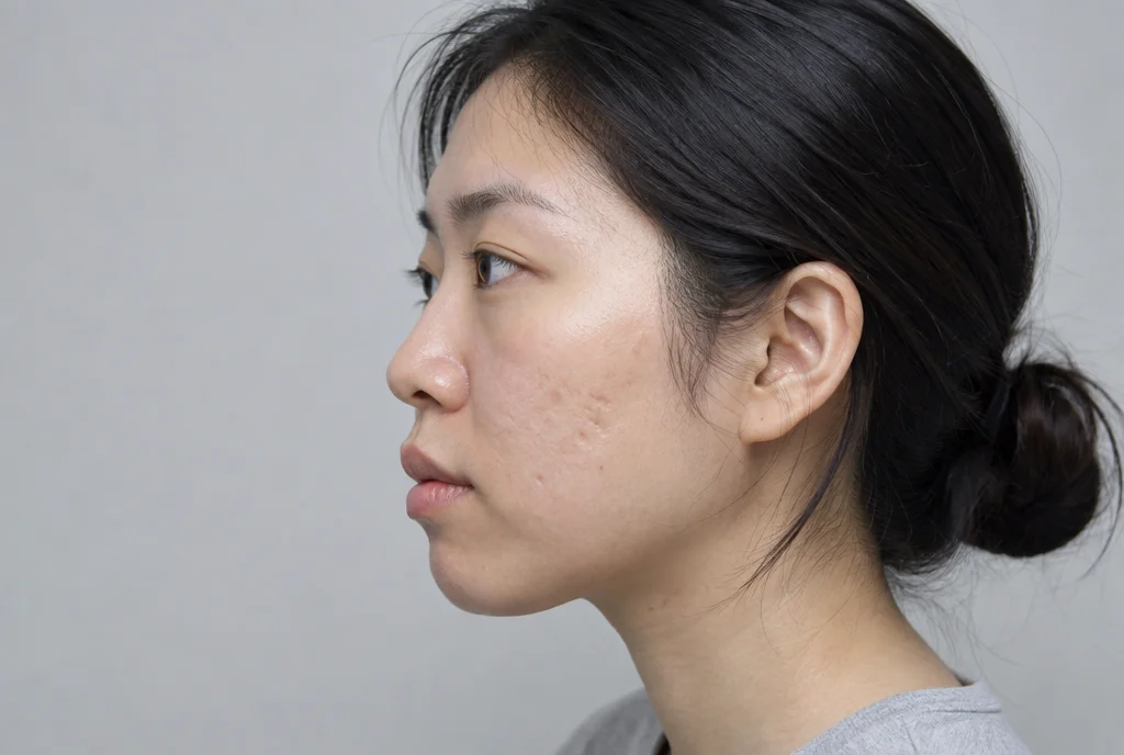 옅은 회색 배경에서 볼의 패인 여드름 흉터가 보이는 옆얼굴