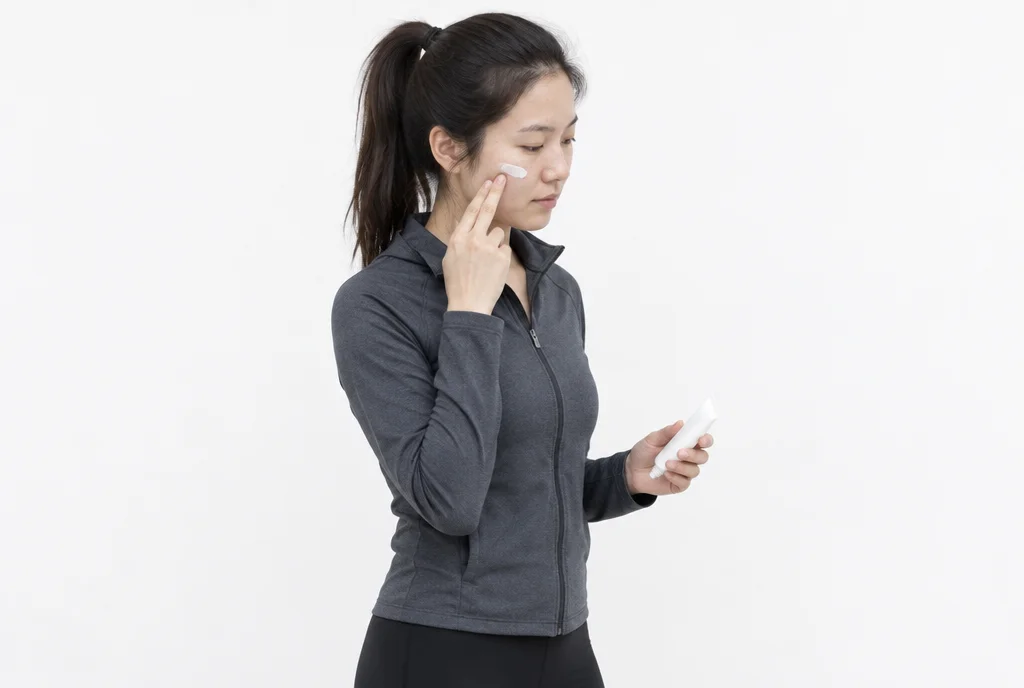 흰 배경에서 운동복 차림 20대 후반 여성이 운동 전 선크림을 볼에 펴 바르는 반신 옆모습