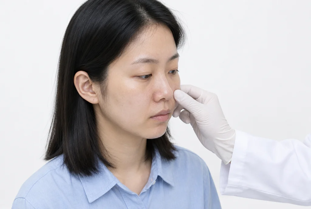흰 장갑을 낀 의료진 손이 20대 후반 여성의 코 옆 모공 부위를 가볍게 살피는 3/4 측면 장면
