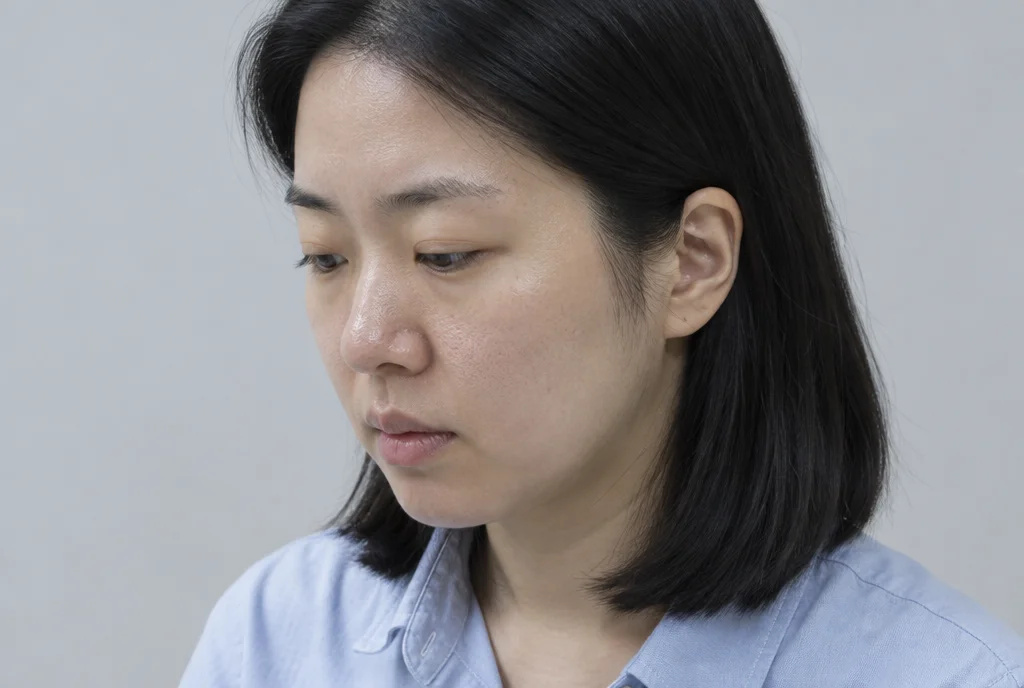 옅은 회색 배경에서 30대 여성이 시선을 아래로 둔 3/4 측면 얼굴로, 코 옆 볼의 모공이 보이는 모습