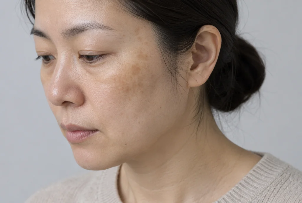옅은 회색 배경 앞, 광대 위로 옅은 갈색 기미가 번진 40대 여성의 볼 피부결을 옆에서 가까이 비춘 모습