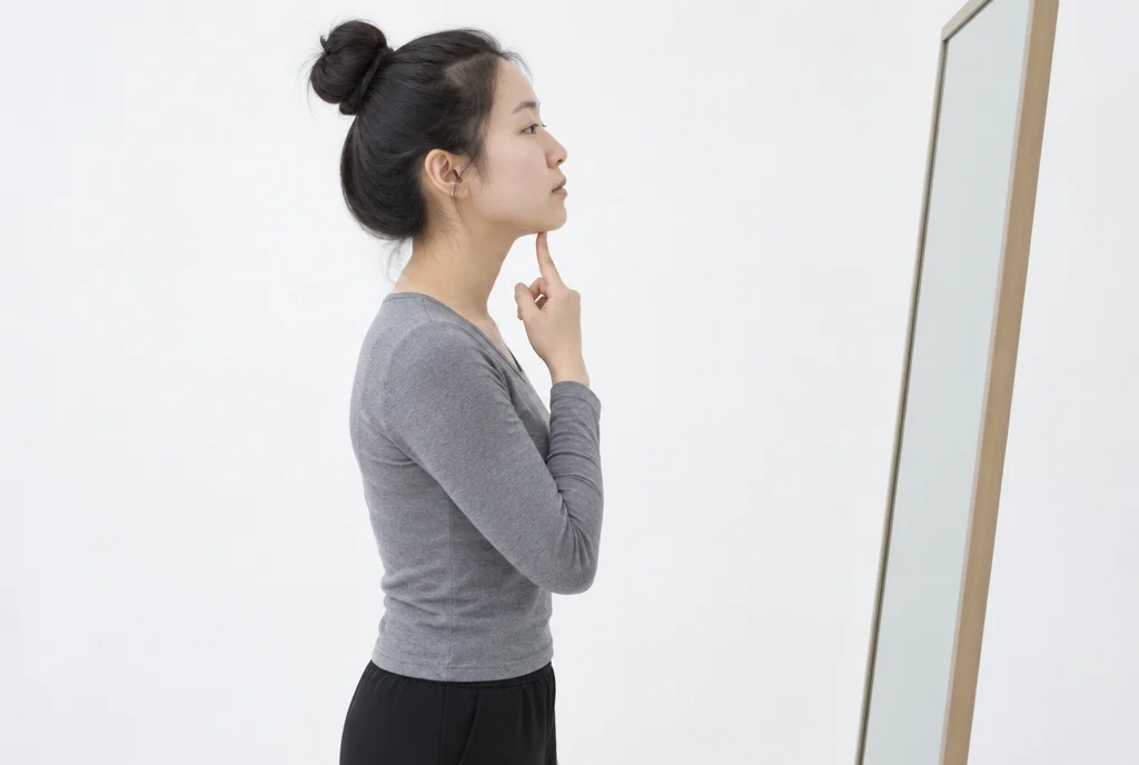 흰 배경에서 20대 후반 여성이 거울 앞에 서서 고개와 목 자세를 점검하는 반신 옆모습