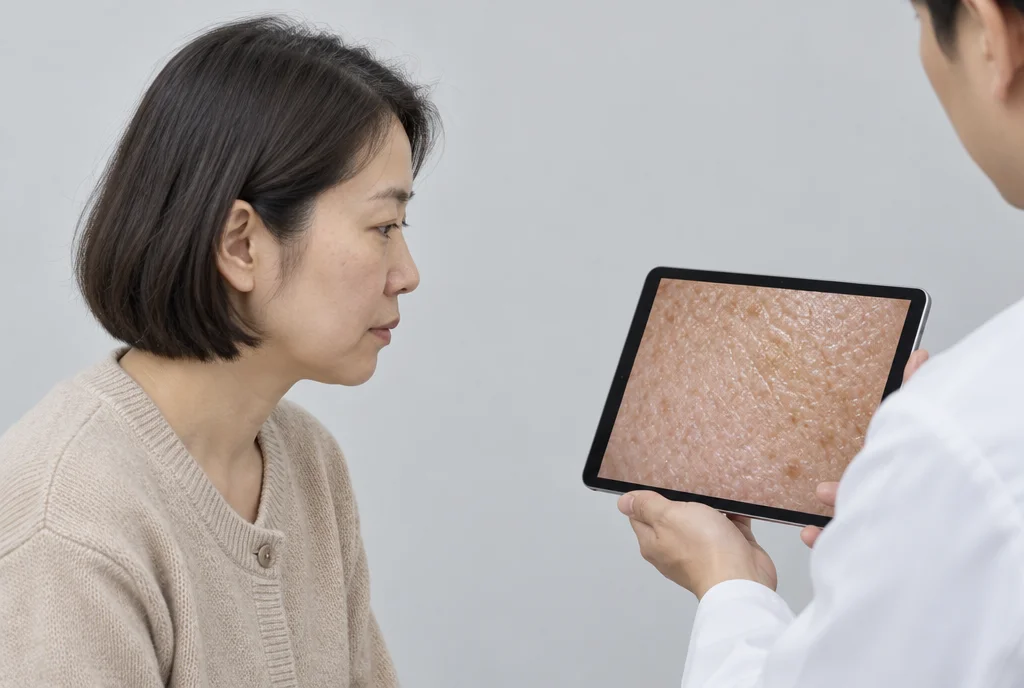 의료진이 들고 있는 태블릿 속 피부결 확대 화면을 40대 여성이 옆모습으로 함께 보는 상담 장면
